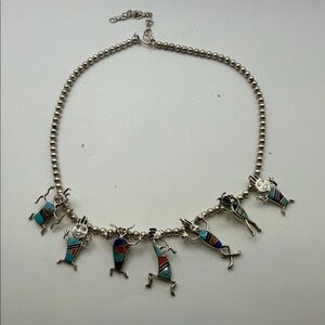 Sterling Silver Multi-Figure Necklace with Turquoise & Coral Inlay